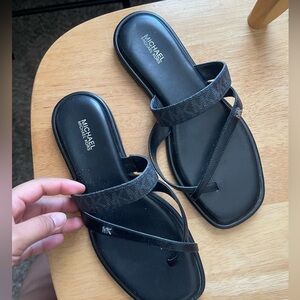 Michael Kors Black Leather & Monogram Strap Slide Sandals